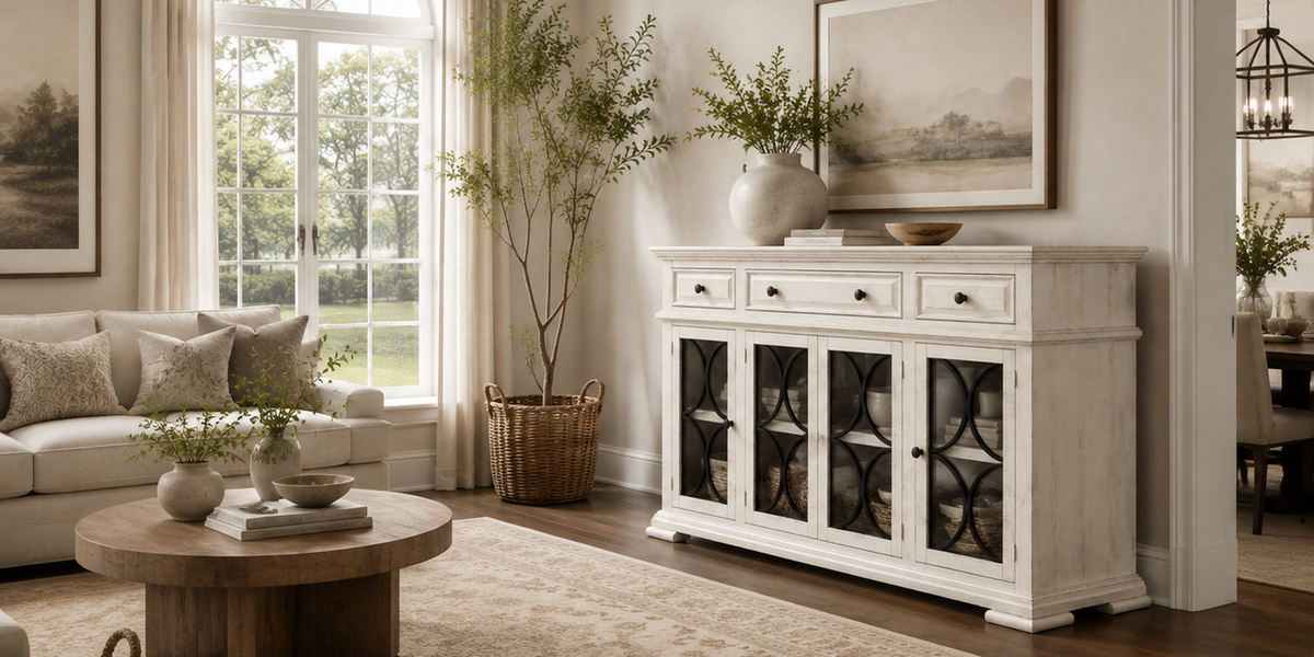 O-I-X サイドテーブル ホワイト Rustic Contemporary Solid Pine Wood Mod Circle Sideboard - Ivory - 72