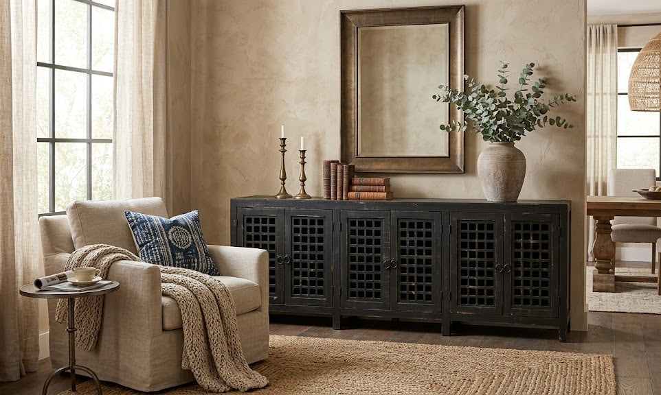 Asbury Asian Inspired Solid Wood 92" Sideboard, Console - Black