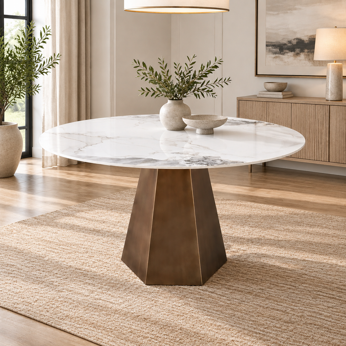 Aspen Stone Top Round Dining Table and Chair Set in Chanelle and Bronze