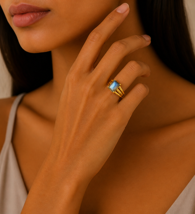 Sterling Silver Ring, Decorated with Labradorite, Plated with 0.3 Micron 18K Yellow Gold