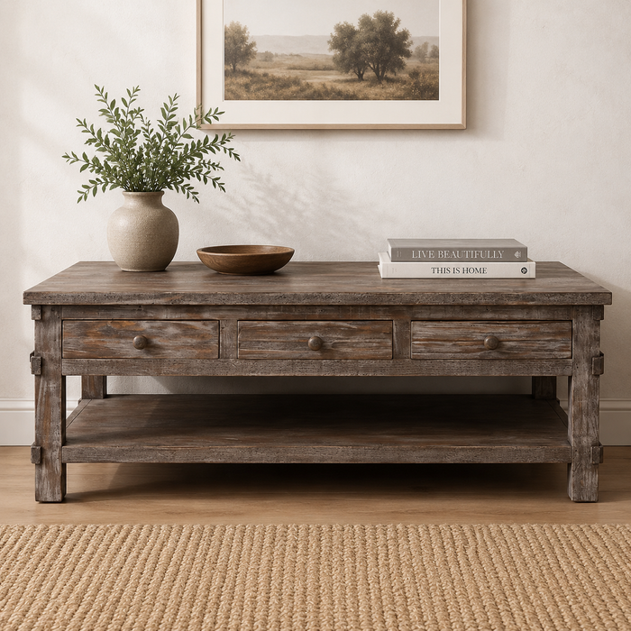 Greenview Weathered Gray 6 Drawer Coffee Table