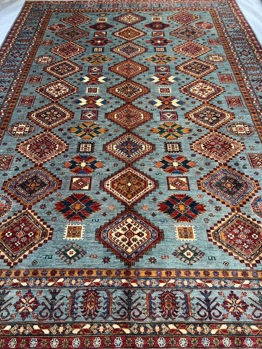 Hand-Knotted Vegetable Dye Kazak Rug from Pakistan, 9' 5" x 12' 9"