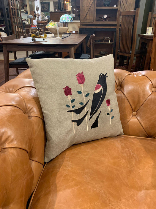 Arts & Crafts Mission-Style Embroidered Cushion / Pillow – Bird & Floral Design