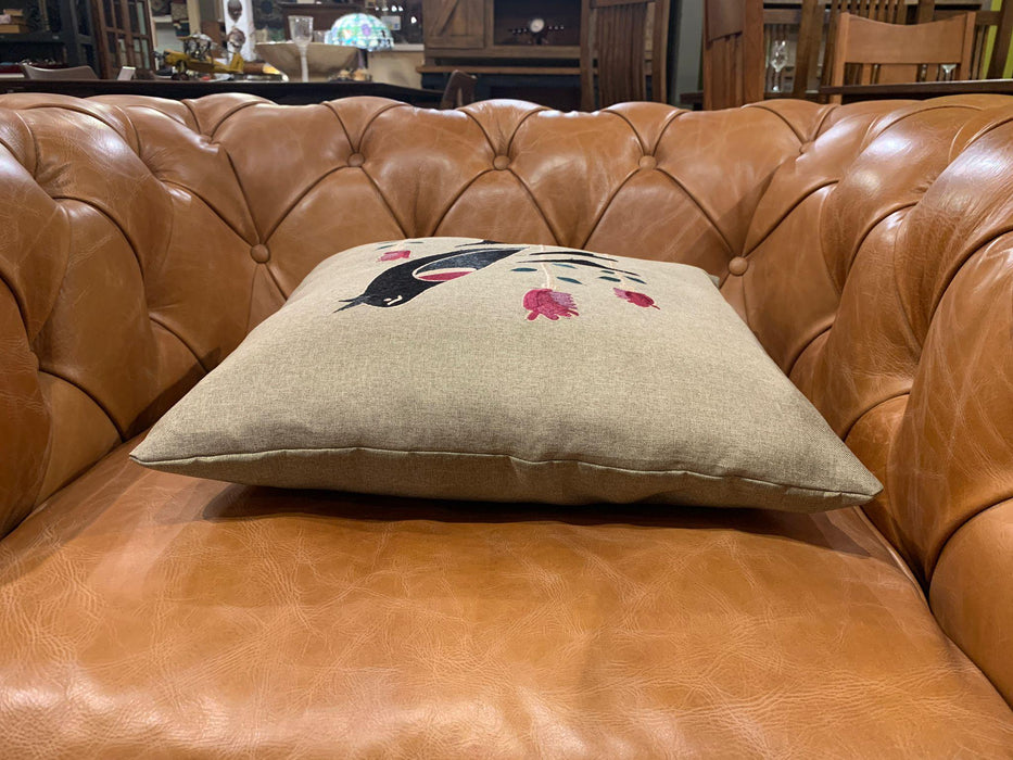 Arts & Crafts Mission-Style Embroidered Cushion / Pillow – Bird & Floral Design