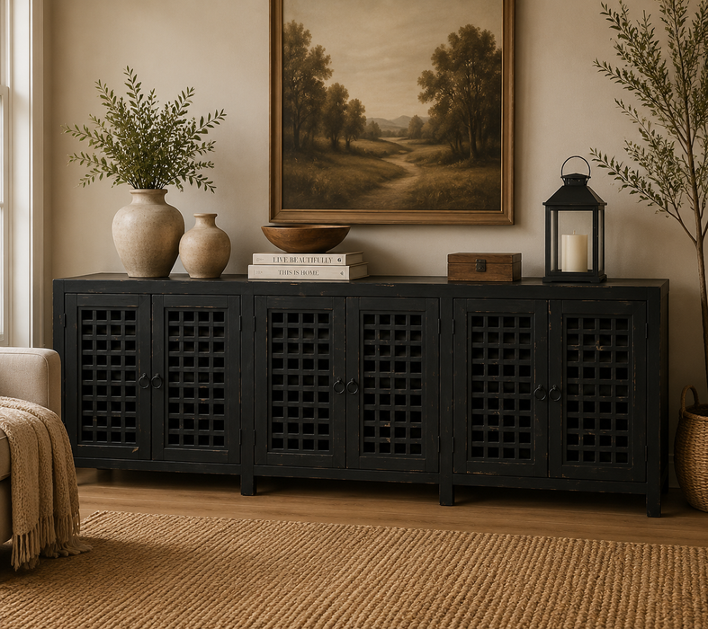 Asbury Asian Inspired Solid Wood 92" Sideboard, Console - Black