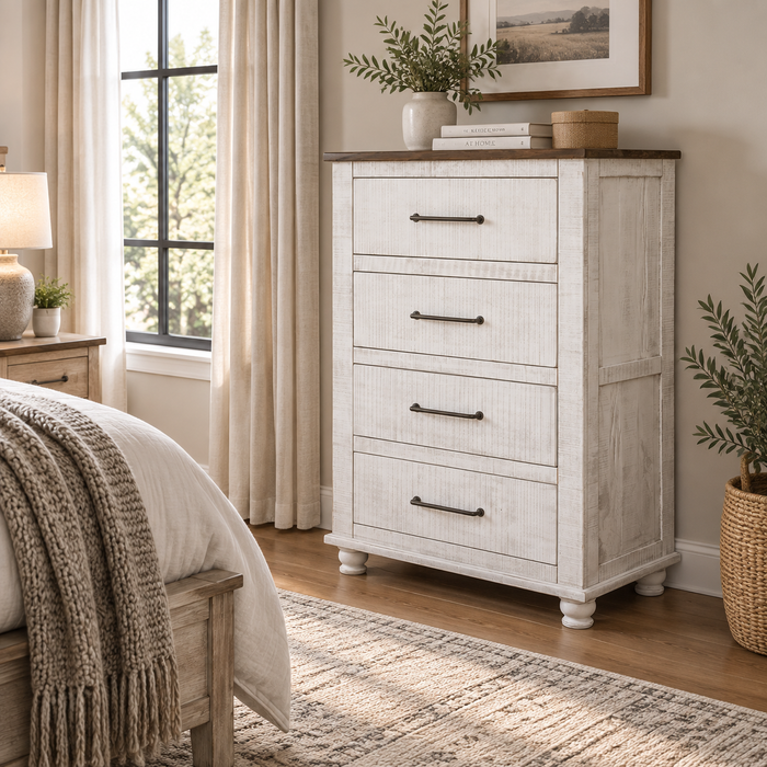 Avalon Rustic Farmhouse 4 Drawer Highboy Dresser - White