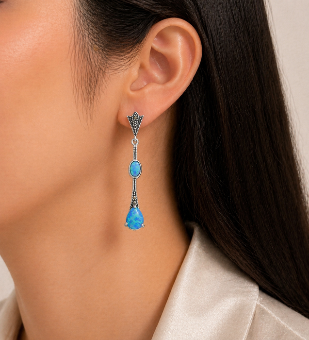 Sterling Silver Push-Back Earrings with Lab-Created Opal & Marcasite