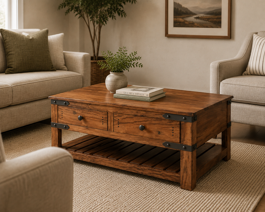 Parota Solid Wood Coffee Table - Wrought Iron Belt Accents on Legs