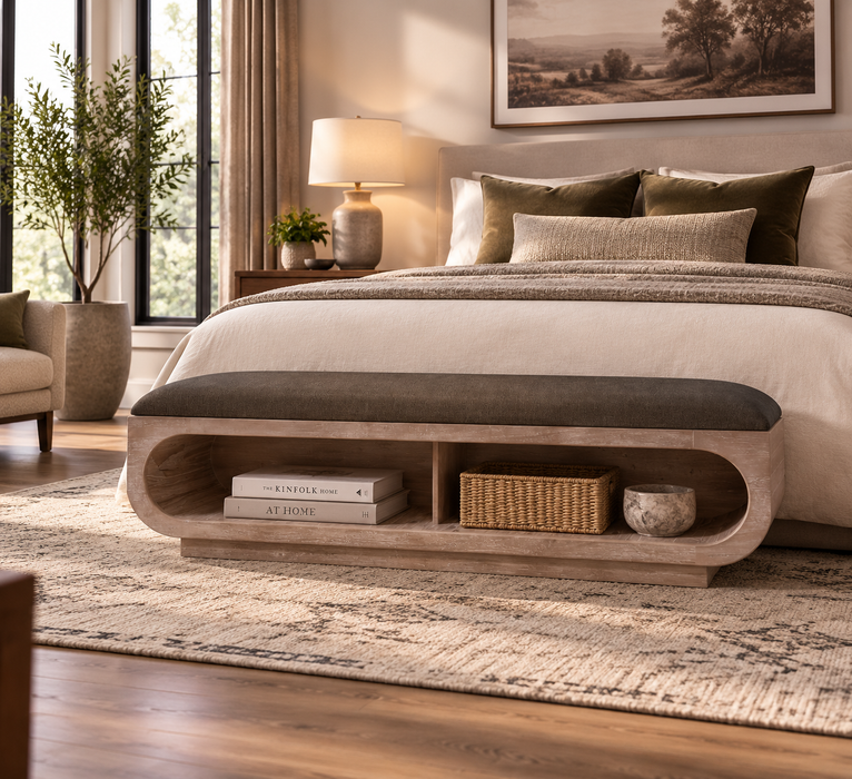 Balam, Wooden bench with a cushioned seat and open storage underneath
