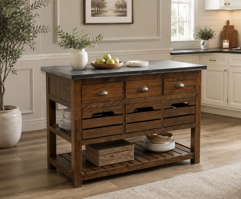 Barlow Crate Kitchen Island with Zinc Top - Rustic Brown