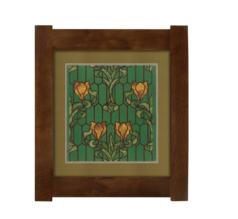 Arts & Crafts Mission Oak Framed Art with Stained Glass Blooms - Walnut finish