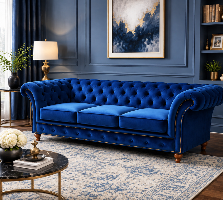 Peyton Sloped Arm Chesterfield Sofa - Blue Velvet