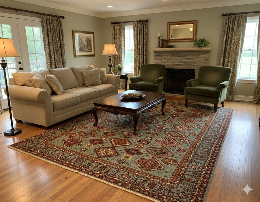 Hand-Knotted Vegetable Dye Kazak Rug from Pakistan, 9' 5" x 12' 9"