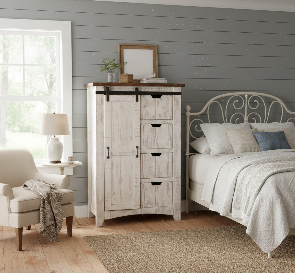 Greenview Barn Door Dresser with 4 drawers And 4 shelves- Distressed White Greenview Barn Door Dresser with 4 drawers And 4 shelves- Distressed White