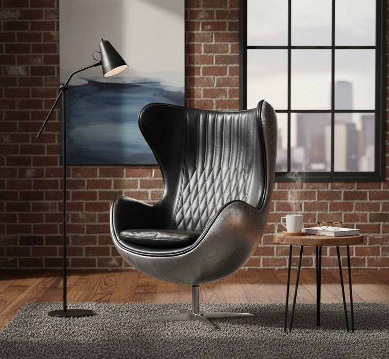 Cruz Modern Egg Chair - Slate Leather and Metal Spitfire Shell