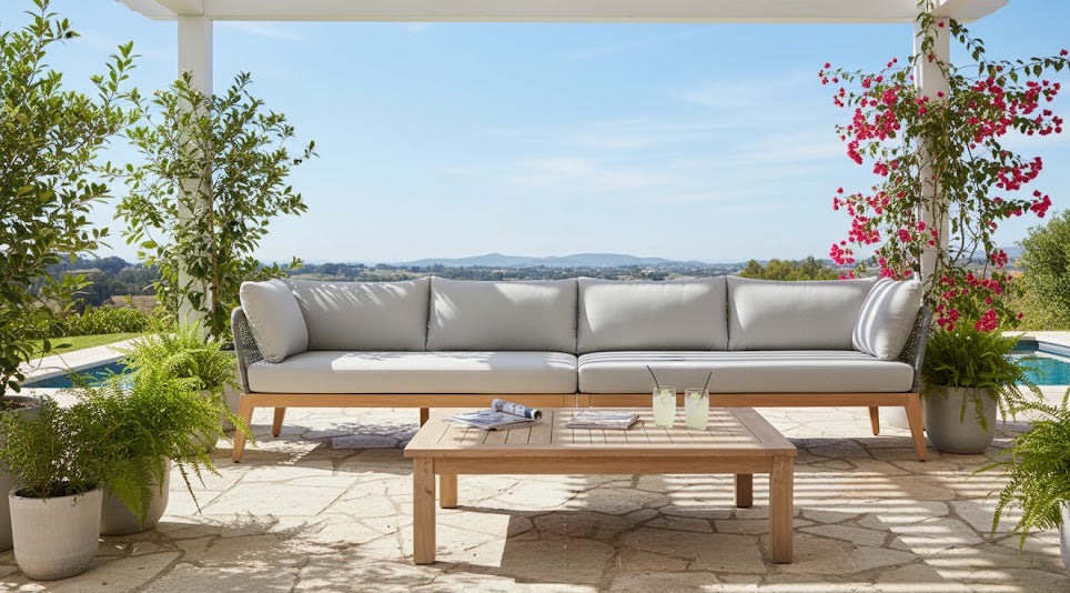 Cypress Teak Wood 128" Sofa with Gray Color Rope Design