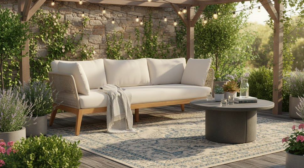 Cypress Teak Wood Sofa with beige Color Rope Design