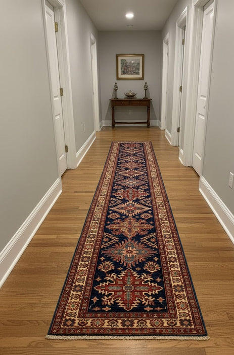 Hand-Knotted Vegetable Dye Kazak Rug from Pakistan, size 2' 8" x 13' 2"