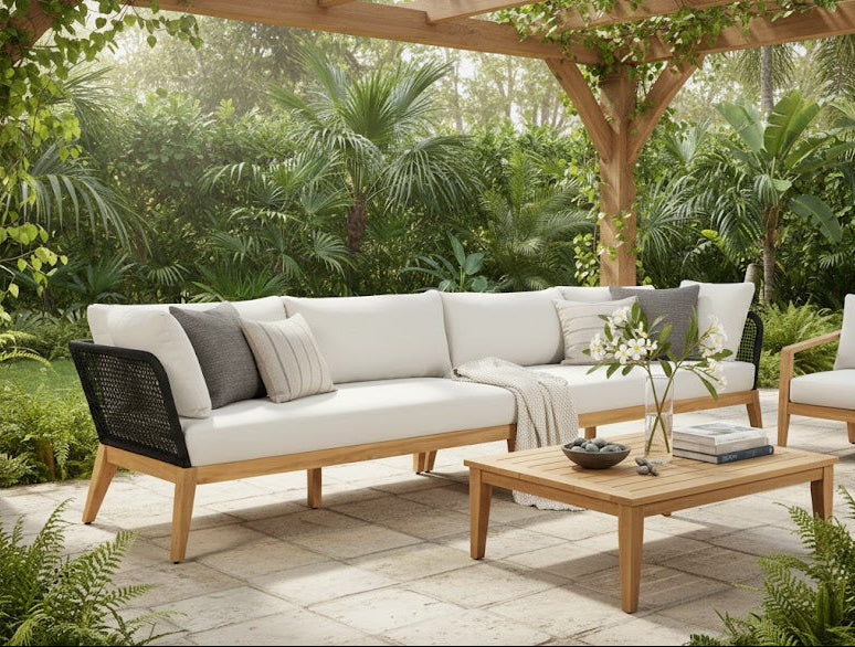 Cypress Teak Wood 128" Sofa with Black Color Rope Design