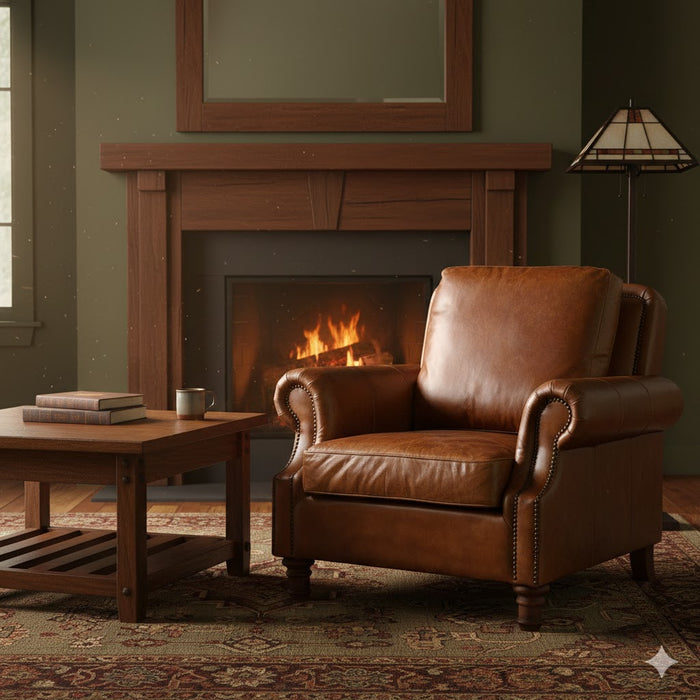 English Rolled Arm - Arm Chair - Light Brown Leather