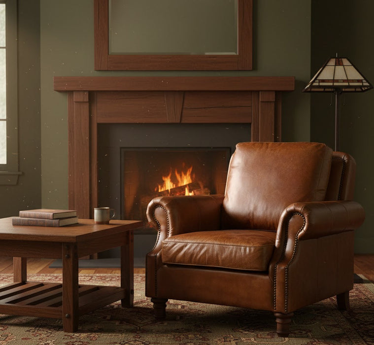 English Rolled Arm - Arm Chair - Light Brown Leather