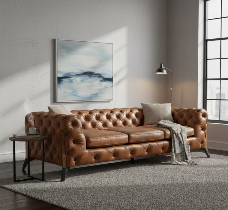 Olivia Contemporary Tufted Chesterfield Sofa - Light Brown Leather