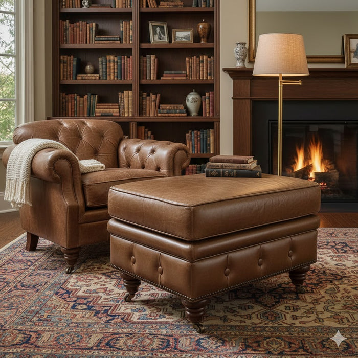 Chesterfield Leather Ottoman - Light Brown