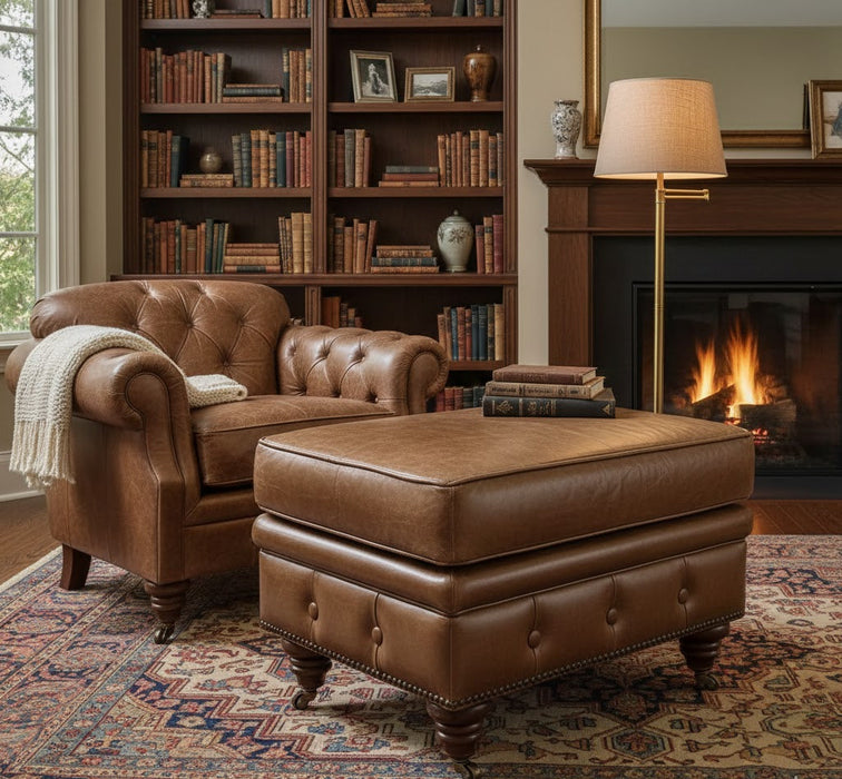 Chesterfield Leather Ottoman - Light Brown