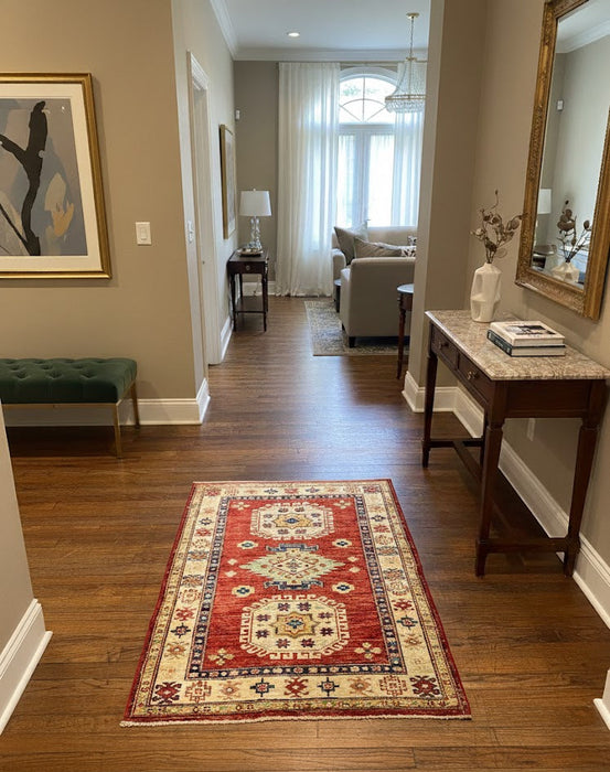Hand-Knotted Vegetable Dye Kazak Rug from Pakistan, size 2' 8" x 3' 9"