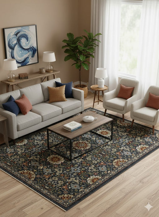 Medalia Area Rug - Navy Blue / Burnt Red / Orange 7 Sizes