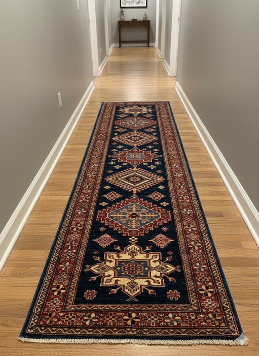 Hand-Knotted Vegetable Dye Kazak Rug from Pakistan, size 2' 8"x 9' 10"