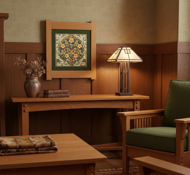 Arts & Crafts Mission Oak Framed Art with Floral Tree