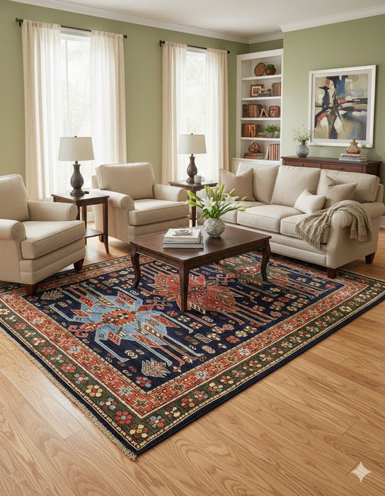 Hand-Knotted Vegetable Dye Kazak Rug from Pakistan, 5' x 6' 7"