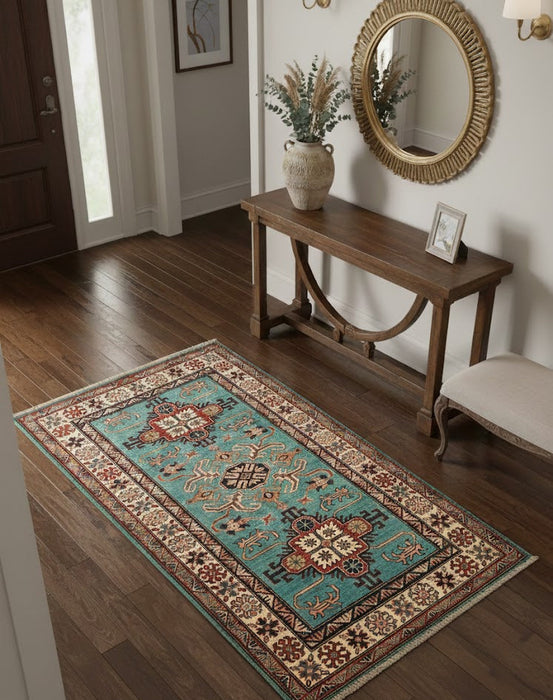 Hand-Knotted Vegetable Dye Kazak Rug from Pakistan, size 3' 5" x 5"