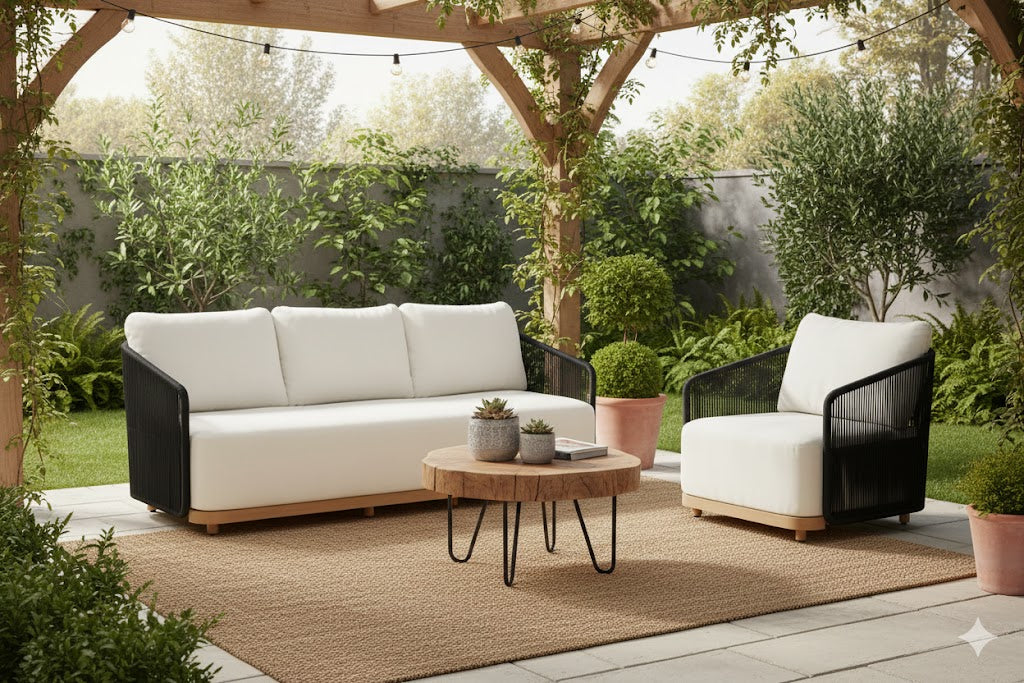 Alpine Teak Wood Outdoor Sofa with Black Rope Design