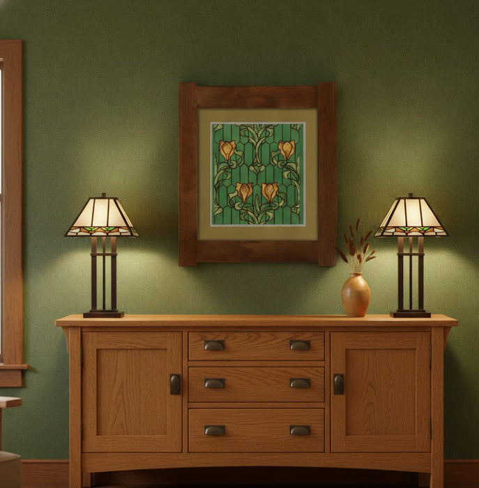 Arts & Crafts Mission Oak Framed Art with Stained Glass Blooms - Walnut finish