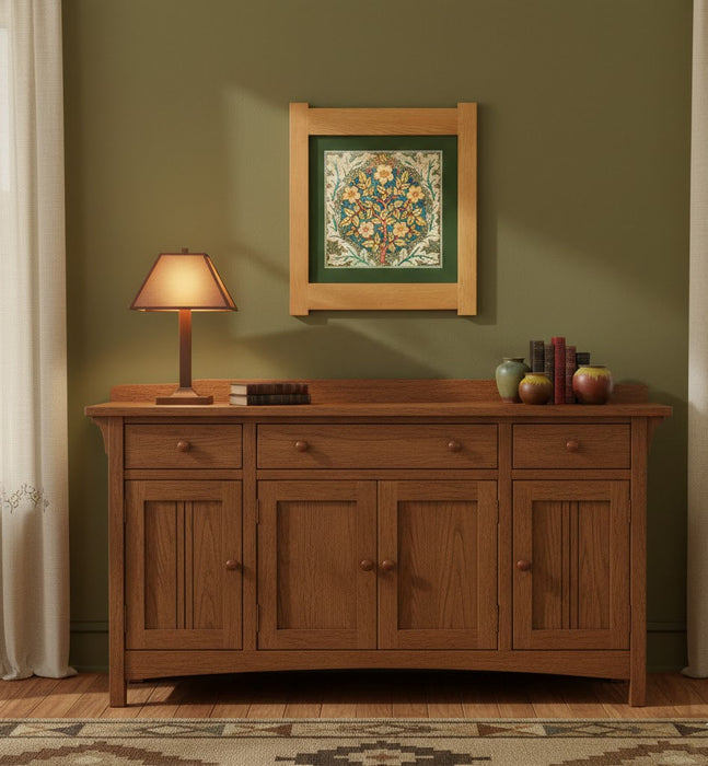 Arts & Crafts Mission Oak Framed Art with Floral Tree