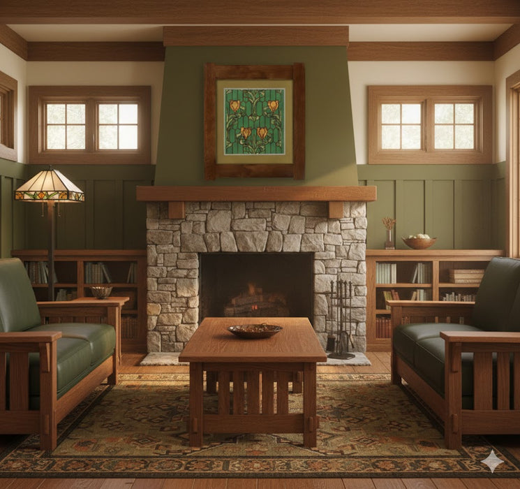 Arts & Crafts Mission Oak Framed Art with Stained Glass Blooms - Walnut finish