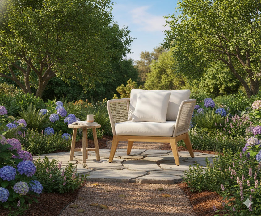 Cypress Teak Wood Outdoor Arm Chair with Biege Rope Design