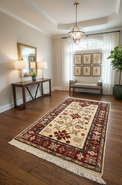 Hand-Knotted Vegetable Dye Kazak Rug from Pakistan, size 2' 9" x 4"