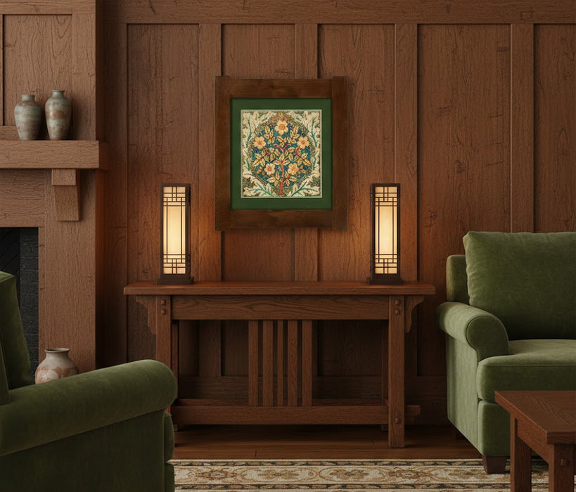 Arts & Crafts Mission Oak Framed Art with Floral Tree