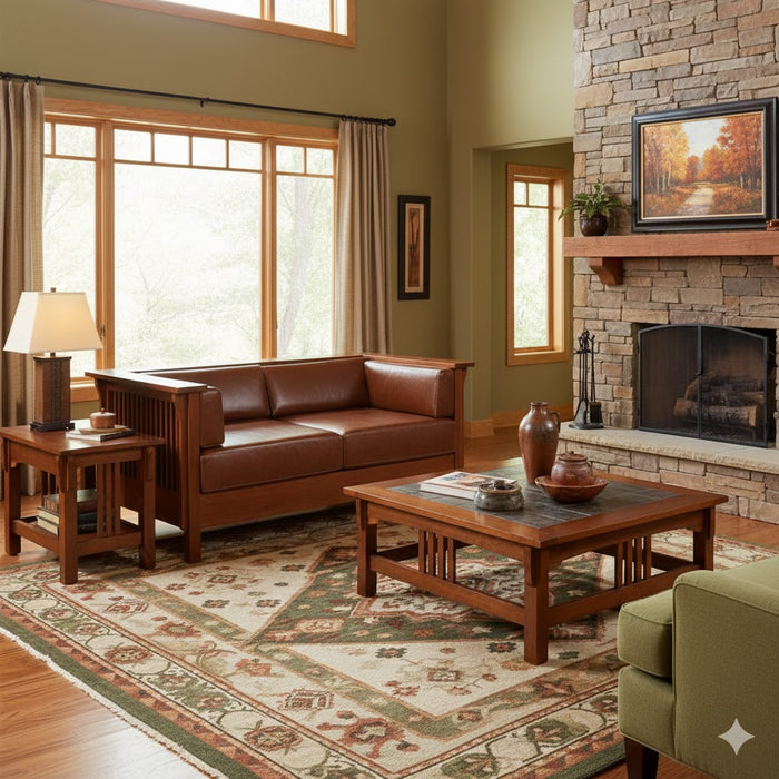 Mission / Craftsman Cubic Slat Side Love Seat - Chestnut Brown Leather