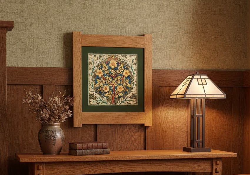 Arts & Crafts Mission Oak Framed Art with Floral Tree