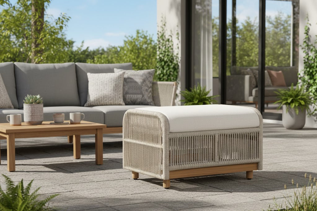 Alpine Teak Wood Outdoor Ottoman with Biege Rope Design