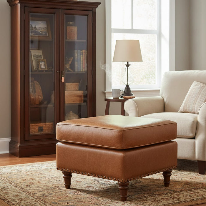 English Stationary Leather Ottoman - Light Brown