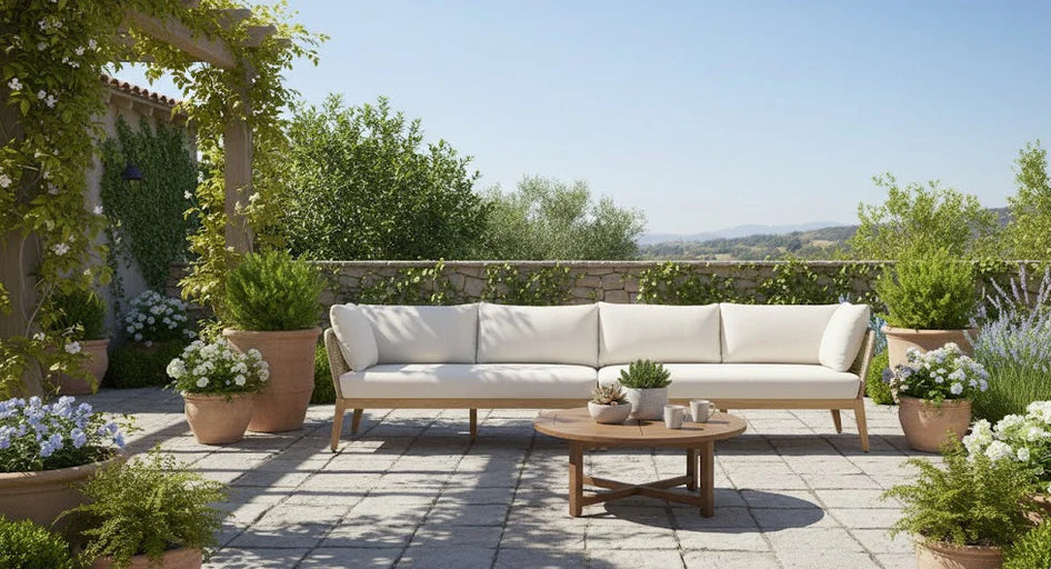 Cypress Teak Wood Sofa Set with Beige Rope Design – Modern Outdoor Lounge