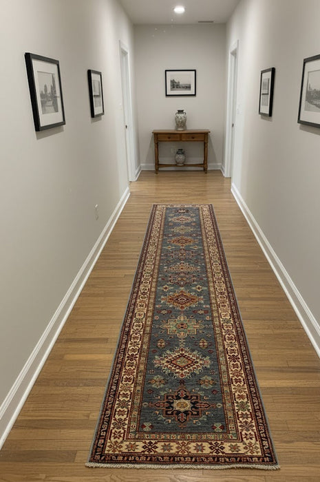Hand-Knotted Vegetable Dye Kazak Rug from Pakistan, size 2' 8" x 13' 1"