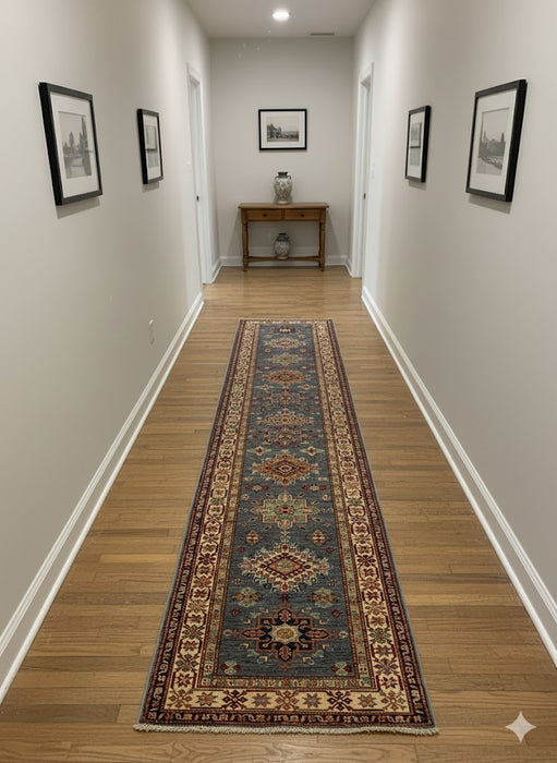 Hand-Knotted Vegetable Dye Kazak Rug from Pakistan, size 2' 8" x 13' 1"