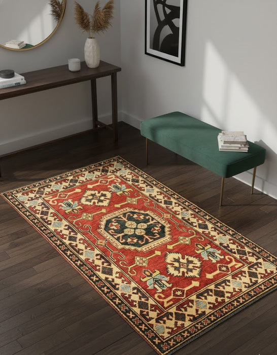 Hand-Knotted Vegetable Dye Kazak Rug from Pakistan, size 3' 4" x 5' 3"