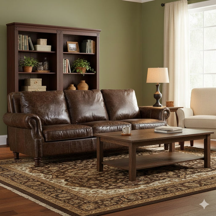 English Rolled Arm Sofa - Dark Brown Leather